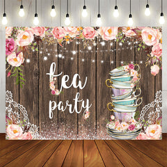 Aperturee - Glitter Pink Tea Party Floral Happy Birthday Backdrop