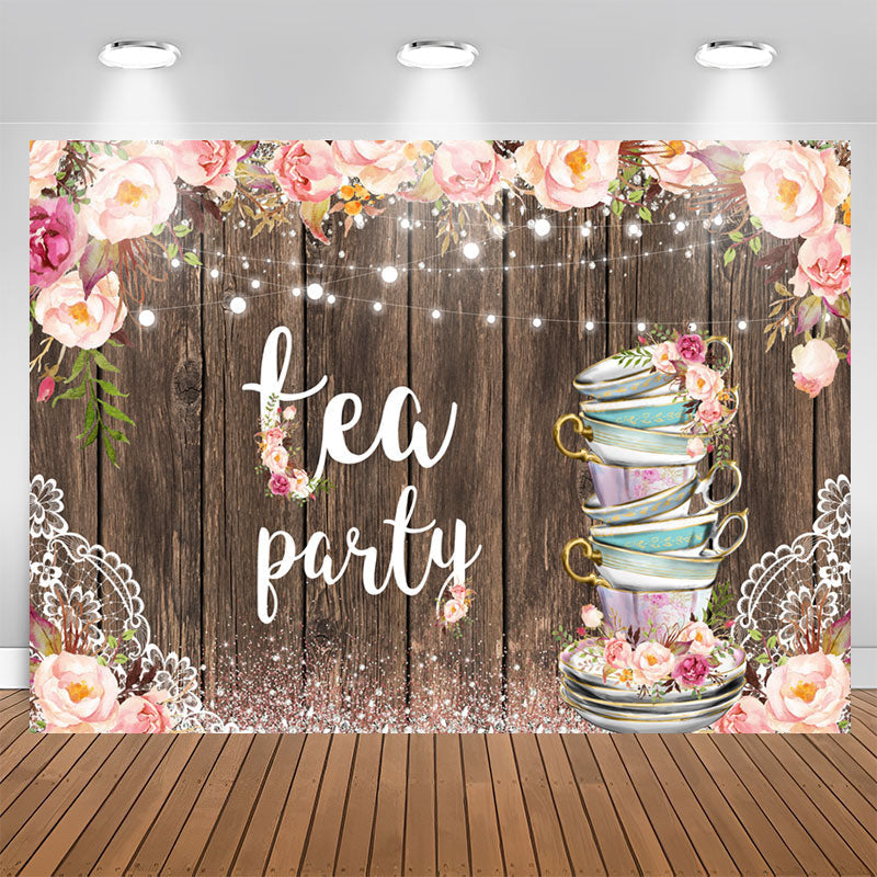 Aperturee - Glitter Pink Tea Party Floral Happy Birthday Backdrop