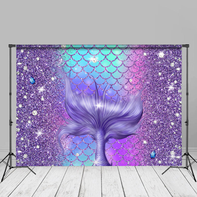 Aperturee - Glitter Purple And Blue Mermaid Tail Birthday Backdrop