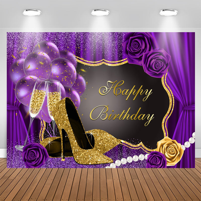 Aperturee - Glitter Purple And High Heels Happy Birthday Backdrop