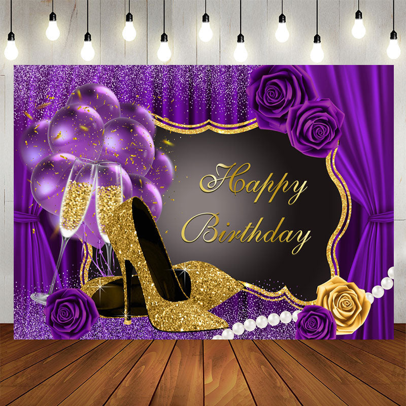 Aperturee - Glitter Purple And High Heels Happy Birthday Backdrop