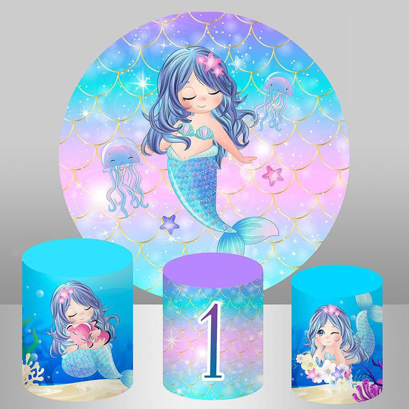 Aperturee Glitter Purple Dream Mermaid 1st Round Birthday Backdrop