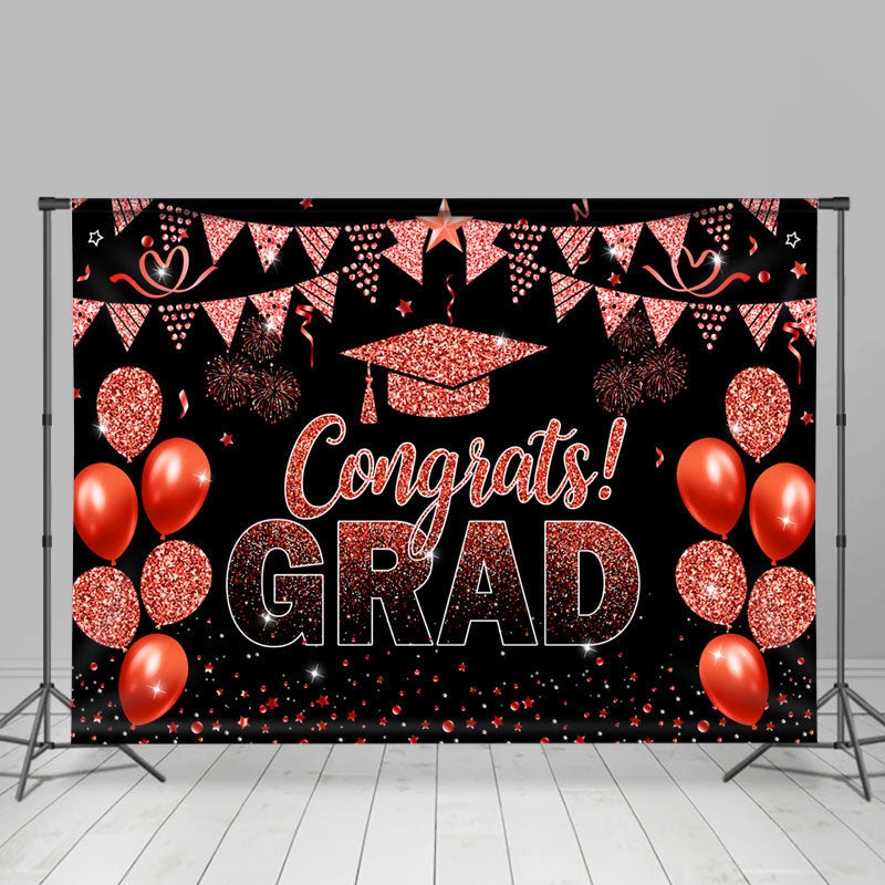 Aperturee - Glitter Red Balloons Flag Black Graduation Backdrop