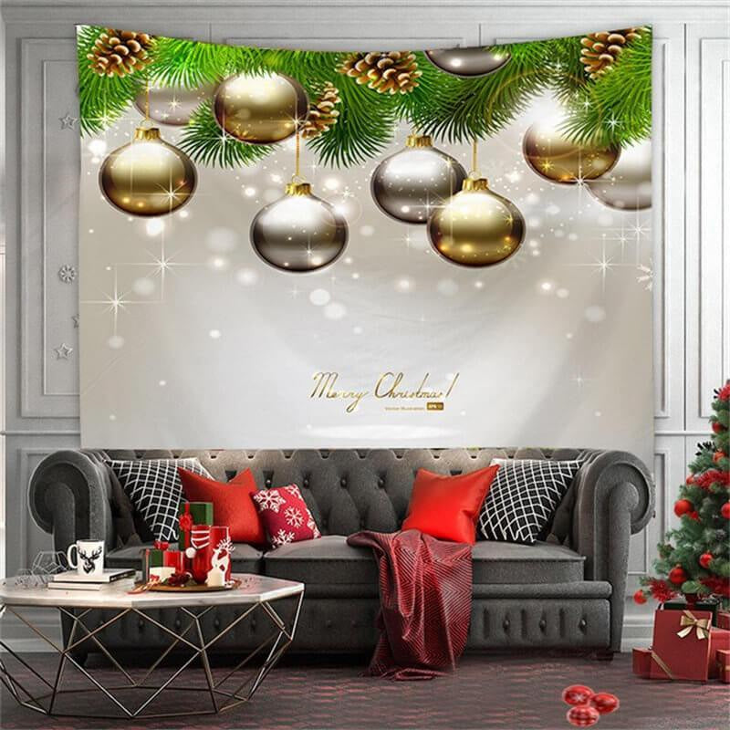 Aperturee - Glitter Silver Ball Merry Christmas Theme Wall Tapestry