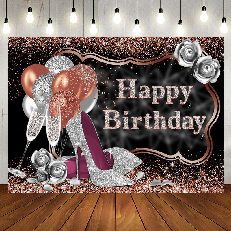 Aperturee - Glitter Silver Rose Golden Happy Birthday Backdrop