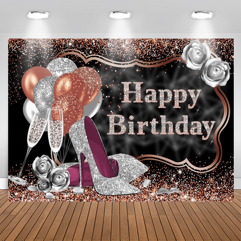 Aperturee - Glitter Silver Rose Golden Happy Birthday Backdrop