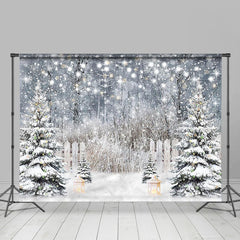 Aperturee - Glitter Snowy Forest Pine Tree Fence Winter Backdrop