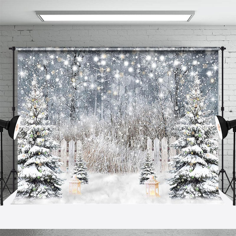 Aperturee - Glitter Snowy Forest Pine Tree Fence Winter Backdrop