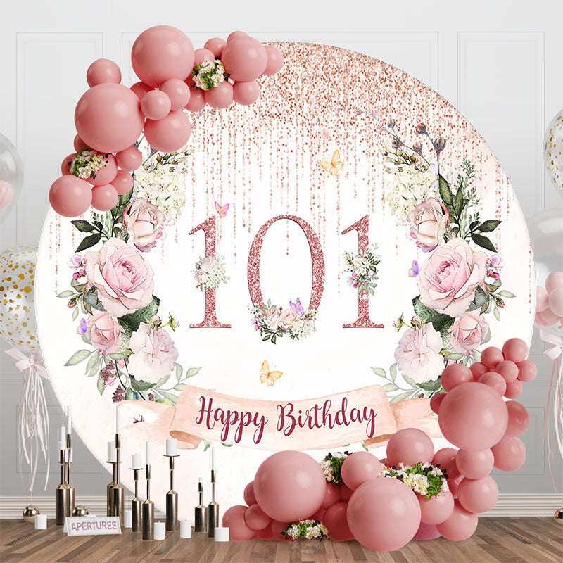 Aperturee - Glitter Tassels Floral Round 101st Birthday Backdrop