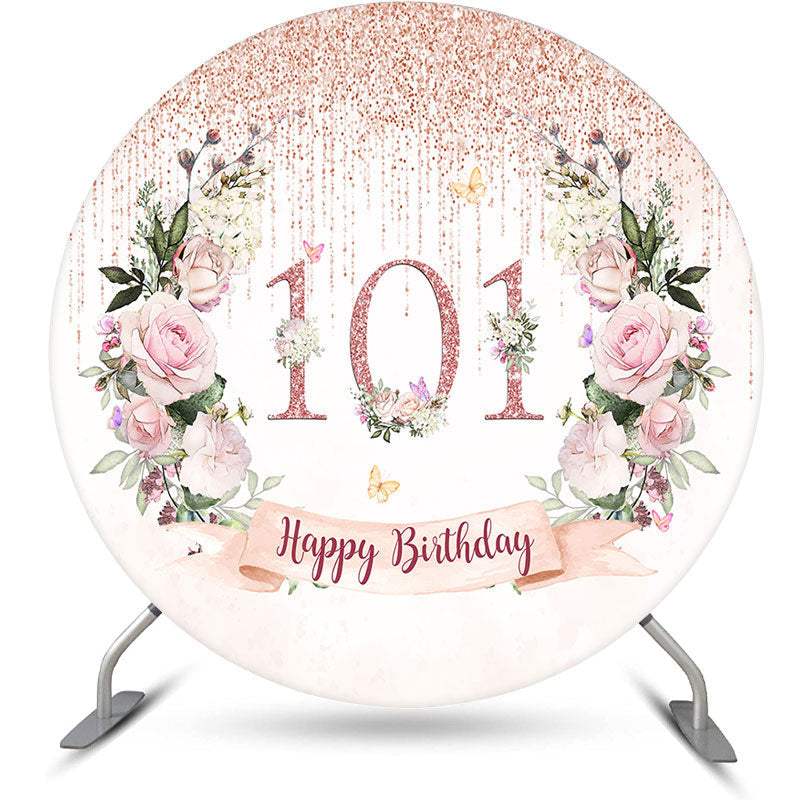 Aperturee - Glitter Tassels Floral Round 101st Birthday Backdrop