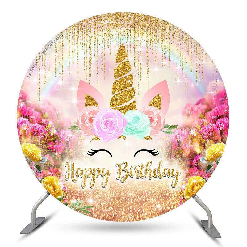 Aperturee Glitter Unicorn Flowers Round Birthday Backdrop