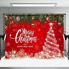 Aperturee - Glitter Xmas Tree Red New Year Christmas Backdrop