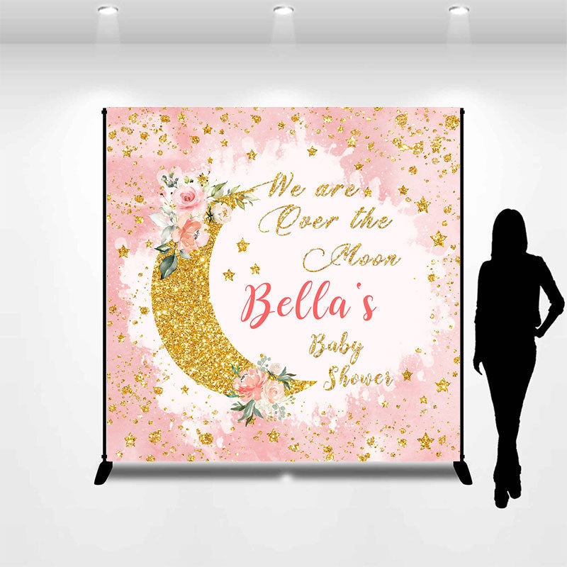 Aperturee - Glittle Pink Over The Moon Custom Baby Shower Backdrop