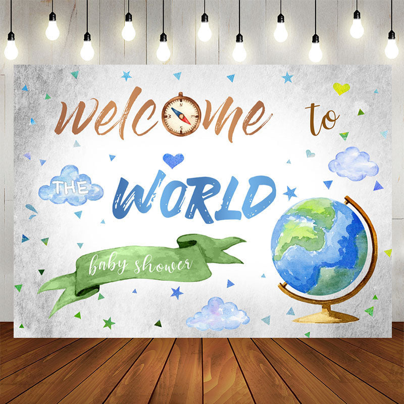 Aperturee - Globe Welcome To World Backdrop Baby Shower Backdrop