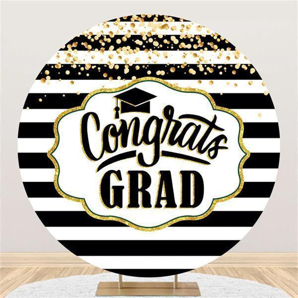 Aperturee Glod Glitter Black White Stripes Round Congrategrad Backdrop