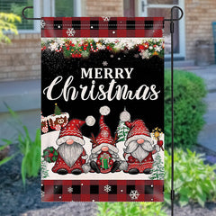 Aperturee - Gnome Plaid Burlap Snowy Merry Christmas Garden Flag