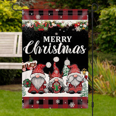 Aperturee - Gnome Plaid Burlap Snowy Merry Christmas Garden Flag