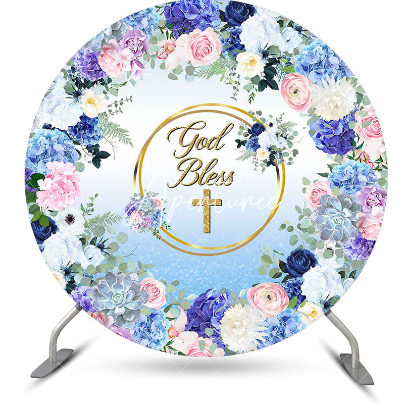 Aperturee - God Bless Colorful Floral Round Baptism Backdrop