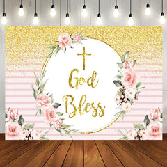 Aperturee - God Bless Glitter Floral Pink Stripe Baptism Backdrop