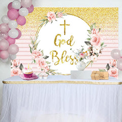 Aperturee - God Bless Glitter Floral Pink Stripe Baptism Backdrop