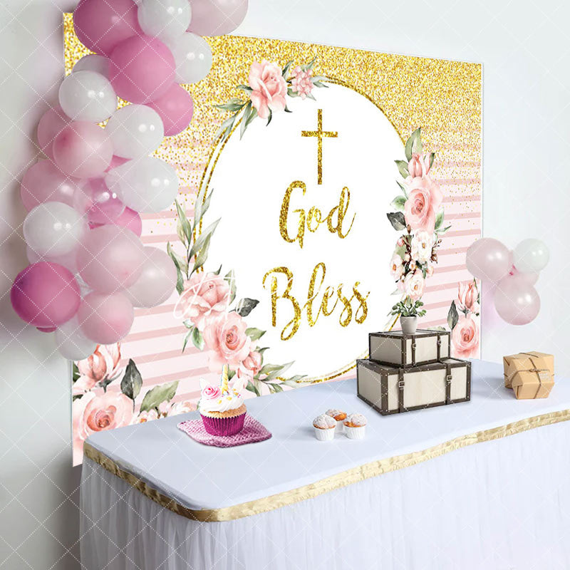 Aperturee - God Bless Glitter Floral Pink Stripe Baptism Backdrop