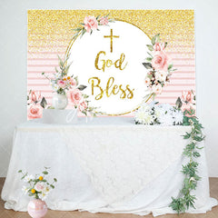 Aperturee - God Bless Glitter Floral Pink Stripe Baptism Backdrop