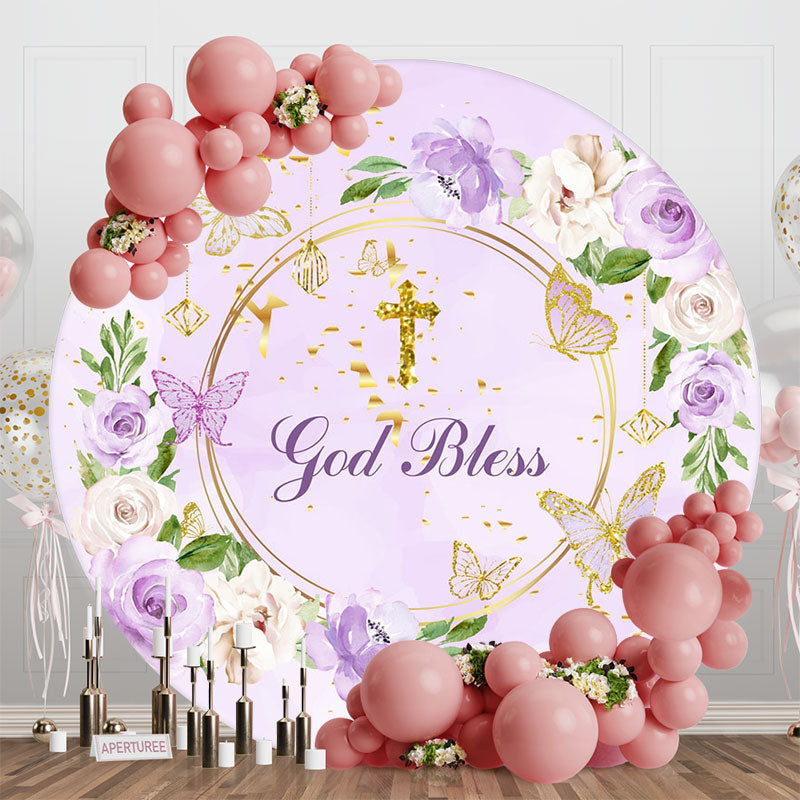 Aperturee - God Bless Purple Floral Cross Round Baptism Backdrop