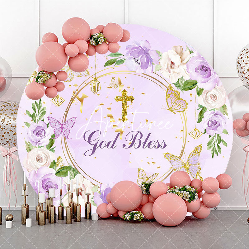 Aperturee - God Bless Purple Floral Cross Round Baptism Backdrop