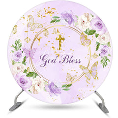 Aperturee - God Bless Purple Floral Cross Round Baptism Backdrop