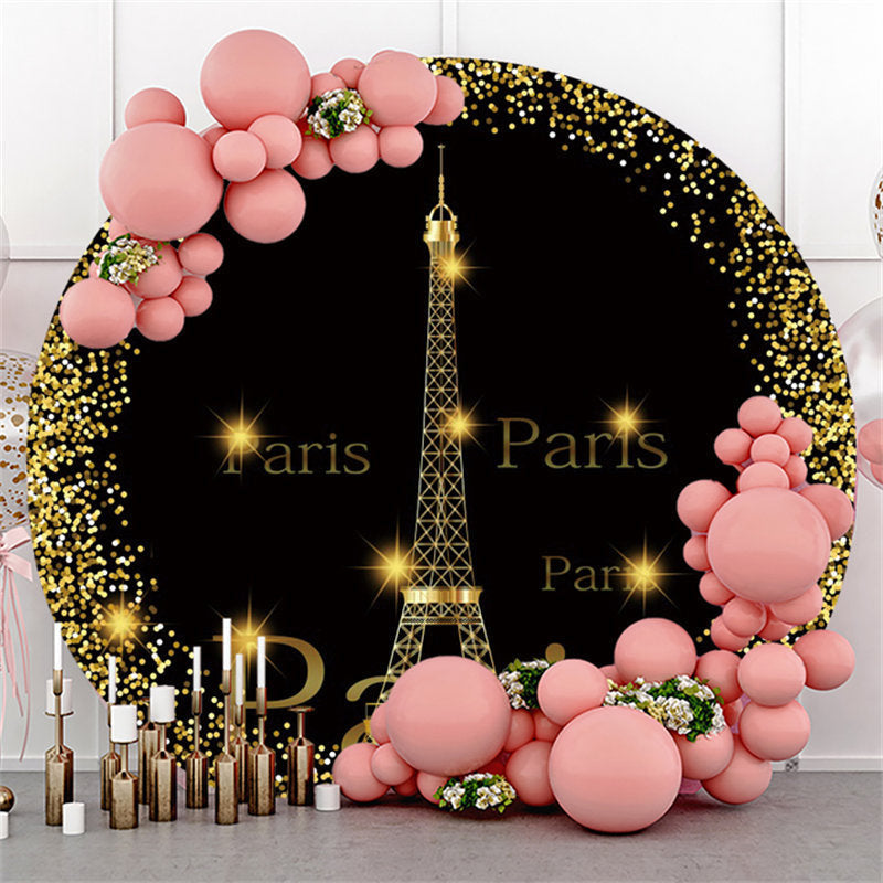 Aperturee Gold And Black Eiffel Tower Happy Birthday Round Backdrop