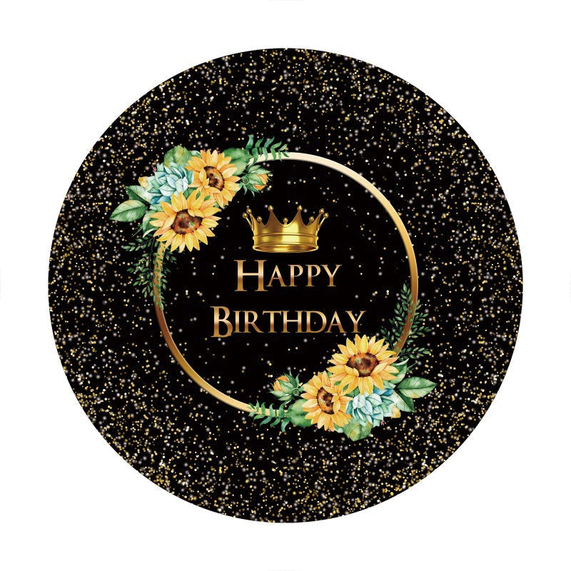 Aperturee - Gold And Black Glitter Round Happy Birthday Backdrop