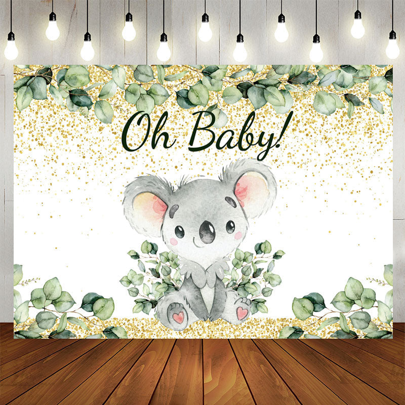 Aperturee - Gold And Green Leaves Lovely Koala Baby Shower Backdrop