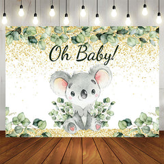 Aperturee - Gold And Green Leaves Lovely Koala Baby Shower Backdrop