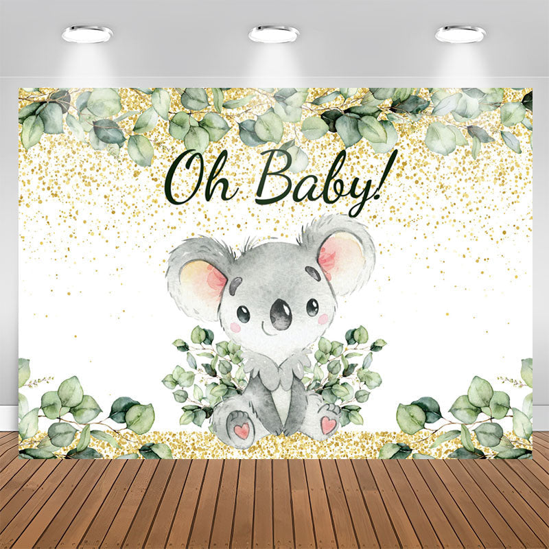 Aperturee - Gold And Green Leaves Lovely Koala Baby Shower Backdrop