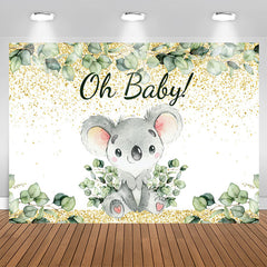 Aperturee - Gold And Green Leaves Lovely Koala Baby Shower Backdrop