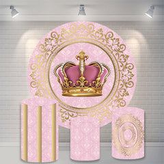 Aperturee Gold And Pink Crown Round Girls Birthday Backdrop Kit