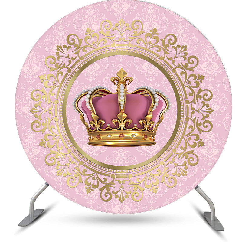 Aperturee - Gold And Pink Crown Round Girls Birthday Backdrop Kit
