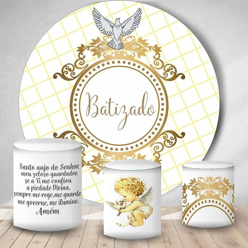 Aperturee Gold And White Kids Pigeon Round Baby Shower Backdrop