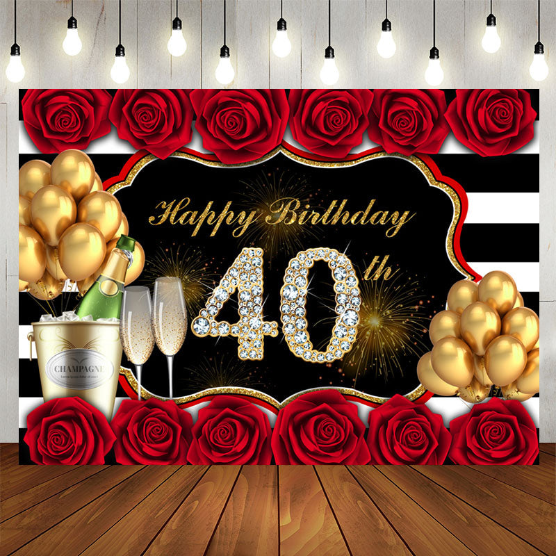 Aperturee - Gold Balloon And Red Rose Happy 40Th Birthday Backdrop