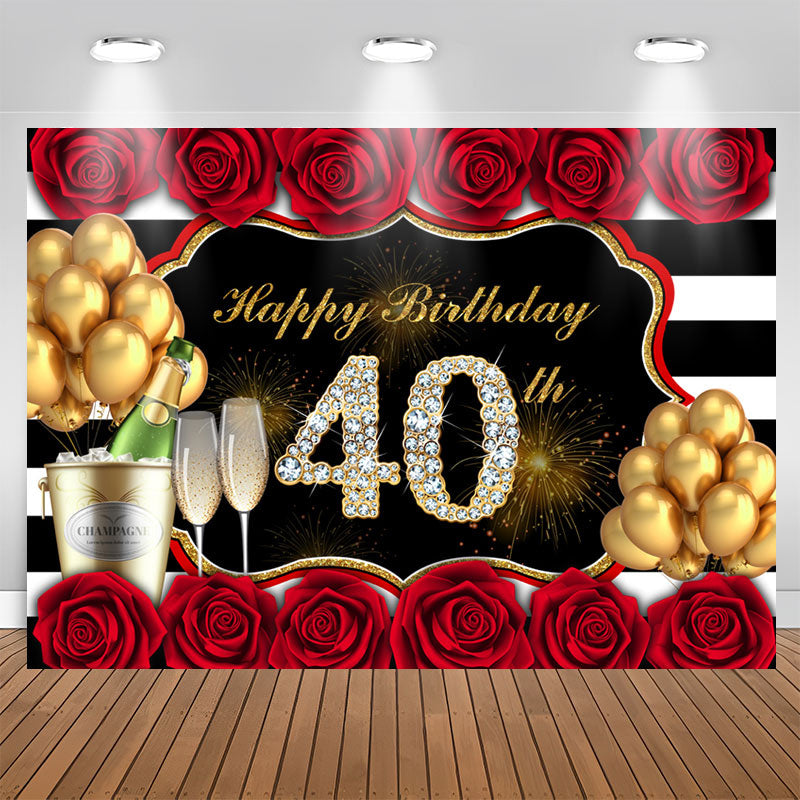 Aperturee - Gold Balloon And Red Rose Happy 40Th Birthday Backdrop