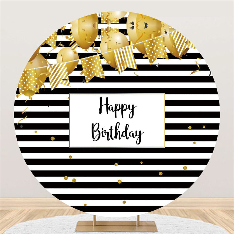 Aperturee Gold Balloon Black White Stripes Round Birthday Backdrop