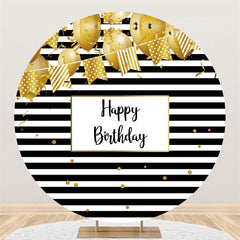 Aperturee Gold Balloon Black White Stripes Round Birthday Backdrop