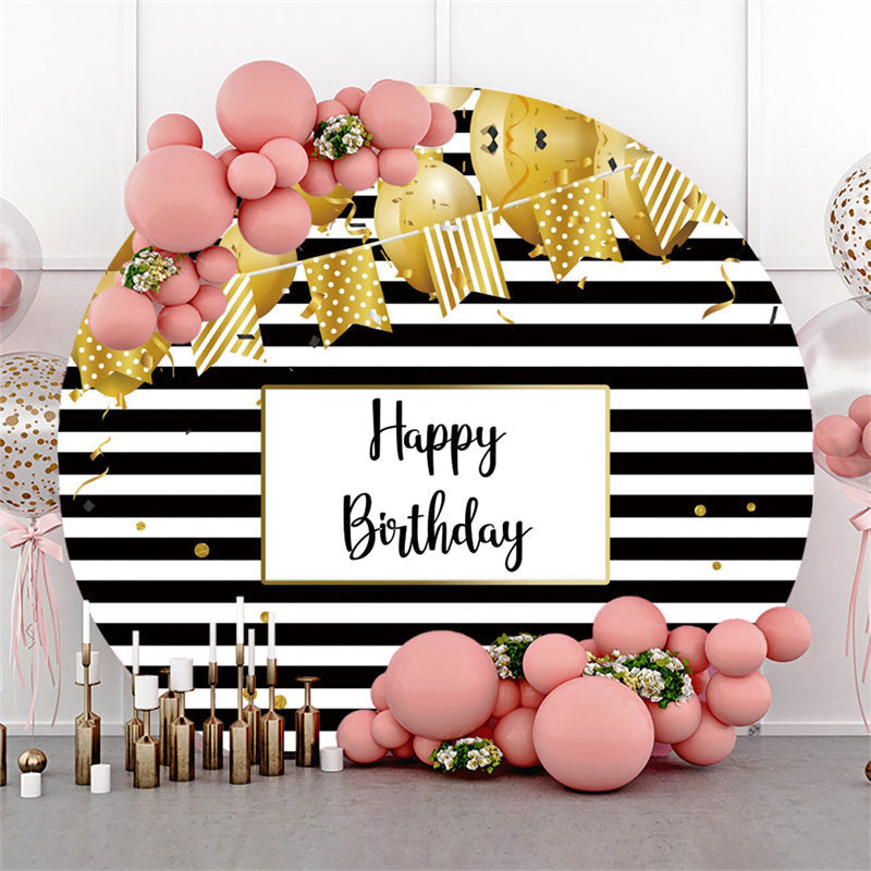 Aperturee Gold Balloon Black White Stripes Round Birthday Backdrop