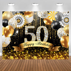 Aperturee - Gold Balloons Bokeh Glitter Happy 50th Birthday Backdrop