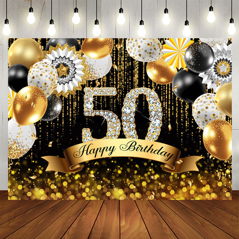 Aperturee - Gold Balloons Bokeh Glitter Happy 50th Birthday Backdrop