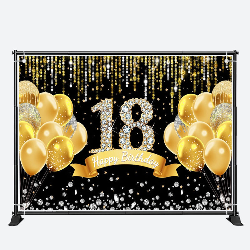 Aperturee - Gold Balloons Diamond Black 18Th Birthday Backdrop