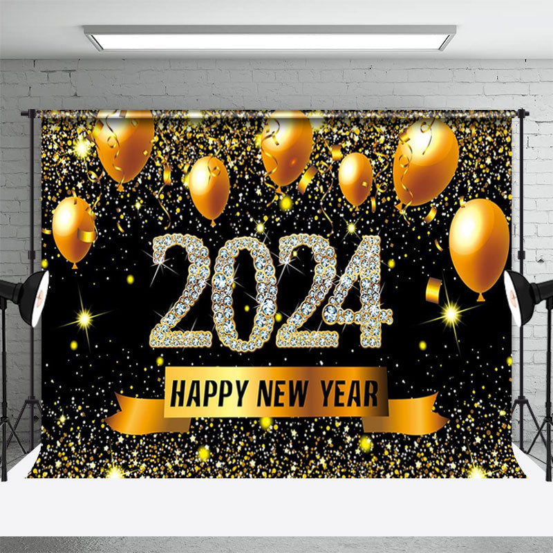 Aperturee - Gold Balloons Glitter 2024 Happy New Year Backdrop