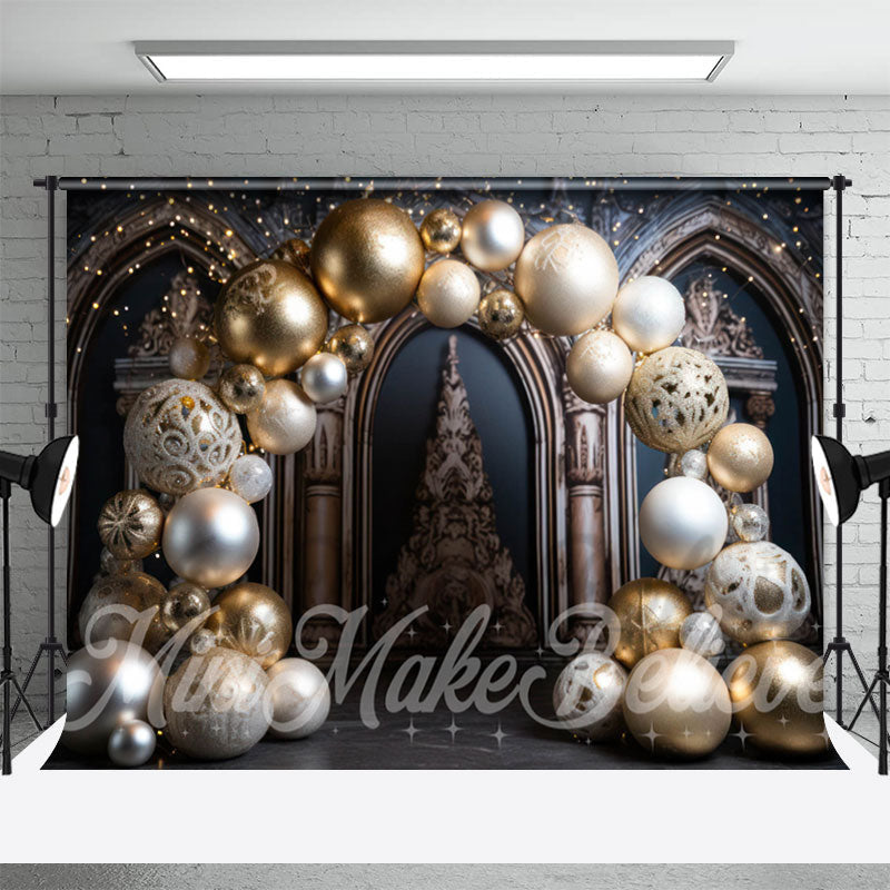 Aperturee - Gold Balloons Luxury Black Arch Wall Christmas Backdrop