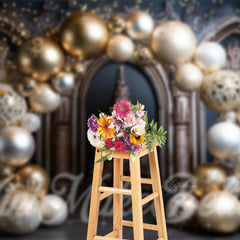 Aperturee - Gold Balloons Luxury Black Arch Wall Christmas Backdrop