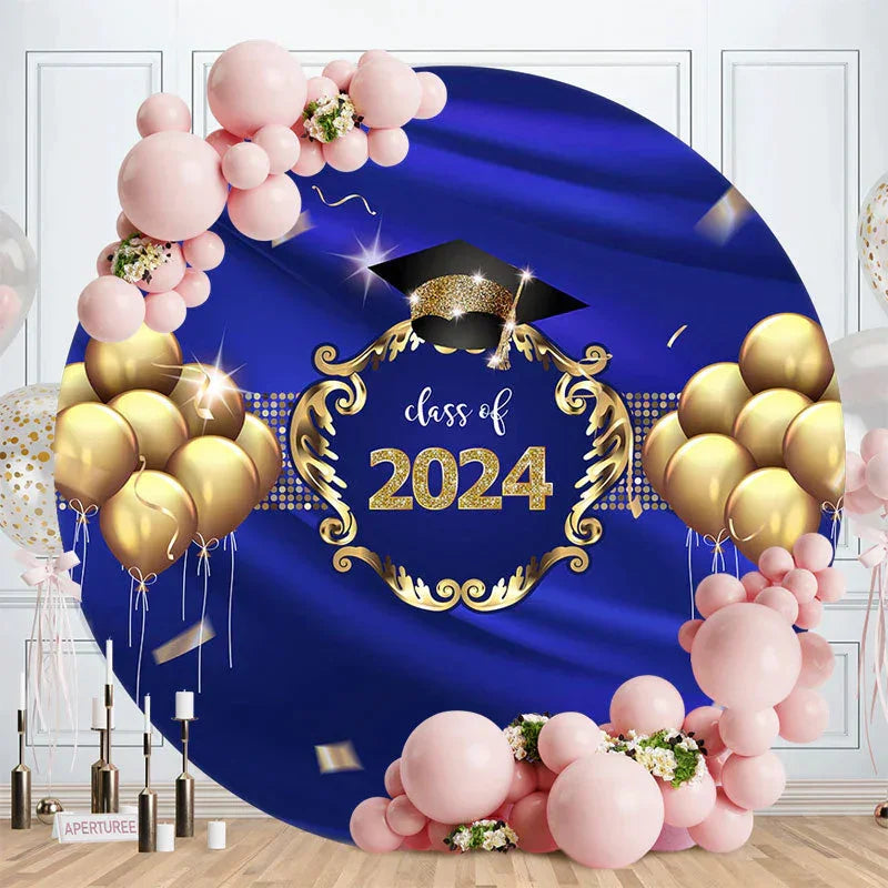 Aperturee Gold Balloons Navy Blue Class Of 2023 Round Backdrop